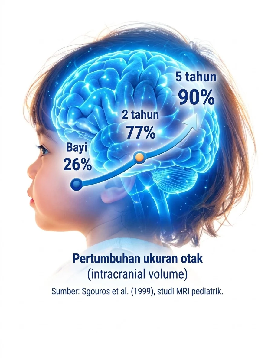 Pertumbuhan ukuran otak (intracranial volume): bayi 26%, usia 2 tahun 77%, usia 5 tahun 90%. Sumber: Sgouros et al. (1999), studi MRI pediatrik.